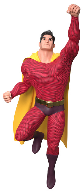 3d illustration of a determined and powerful superhero wearing cape and red costume while flying against white background for copy space.