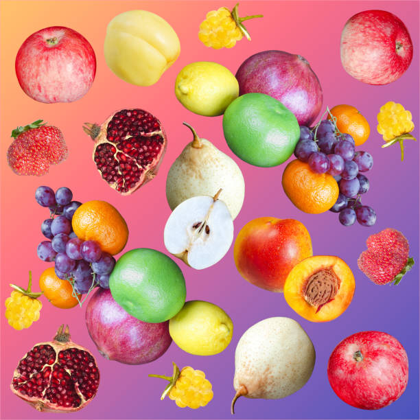 istock Various colorful fruits on a colored square gradient background 1390356400