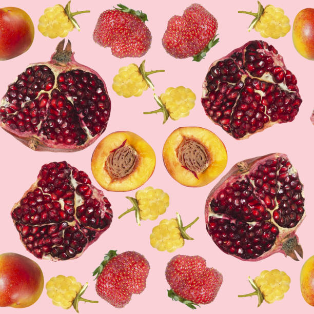 istock Seamless colorful pattern with various fruits on a pink square background. The concept of harvesting 1390356401