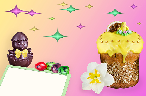 Easter eggs, glazed cake and chocolate chicken on a color gradient background with a text frame. Easter Concept