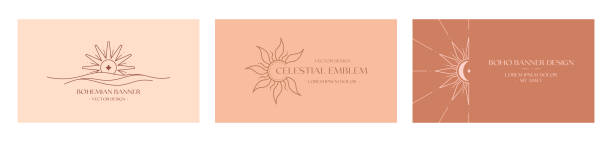 Vector linear boho banners Vector linear boho emblems.Bohemian labels designs with sea,crescent moon,star,sun and sunburst.Modern celestial icons or symbols in trendy minimalist style.Branding design,website banner templates. moon beam stock illustrations