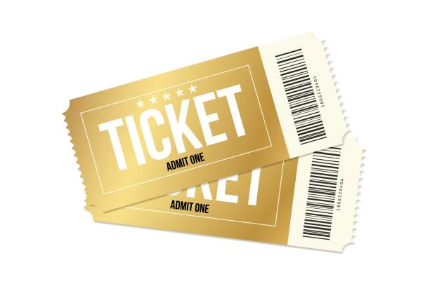 Two cinema golden tickets. Gold movie or theatre coupons. Two realistic vector ticket template Two cinema golden tickets. Gold movie or theatre coupons. Two realistic vector ticket template. traffic ticket stock illustrations