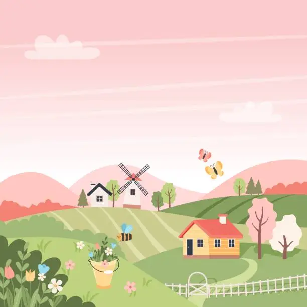 Vector illustration of Spring landscape with trees, fields, houses and windmill. Easter background, countryside landscape. Vector illustration in flat style