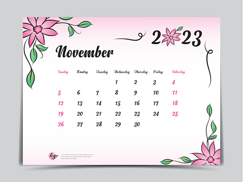 Calendar 2023 Template On Pink Flowers Background November 2023 ...
