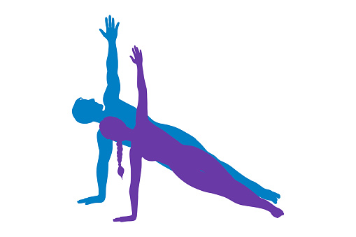 Woman and man silhouette in side plank pose. Yogi couple in vasisthasana. Vector illustration isolated in white background