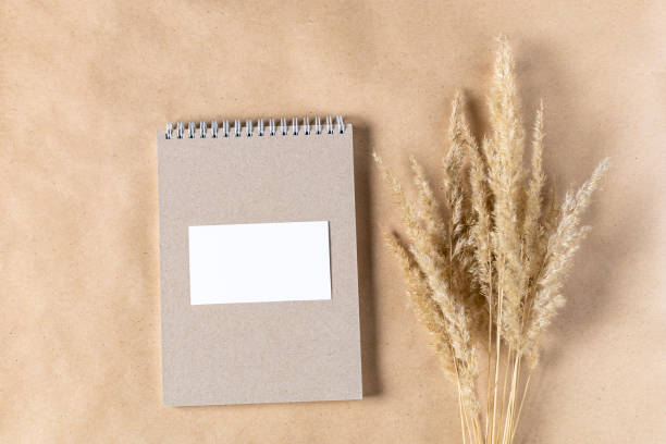 istock Open white paper empty blank of notepad for mock up with dried spikelets decoration on craft beige background. 1390380999