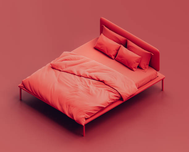 istock Isometric red bed. Monochrome single color crumpled, unfinished messy bed in red background, flat style bedroom, 3d Rendering 1390382311