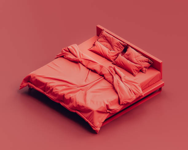 istock Isometric red bed. Monochrome single color crumpled, unfinished messy bed in red background, flat style bedroom, 3d Rendering 1390382628