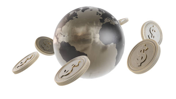istock dollar coins and 3D Earth isolated on white background, 1390384775