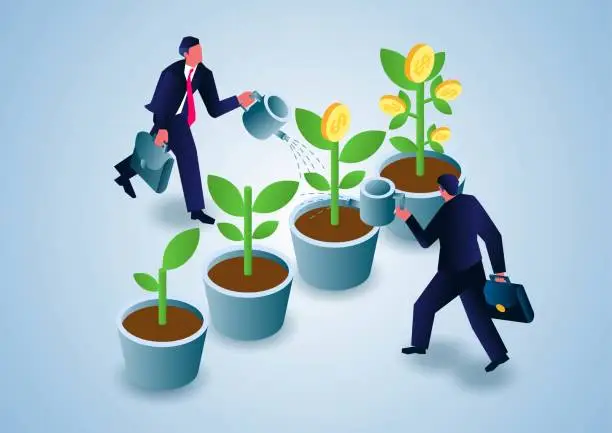 Vector illustration of Isometric businessman planting money tree, two businessmen holding watering can to water money tree seedling inside pot