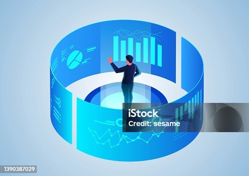 istock Businessman standing inside visual data chart to view and analyze various project data 1390387029
