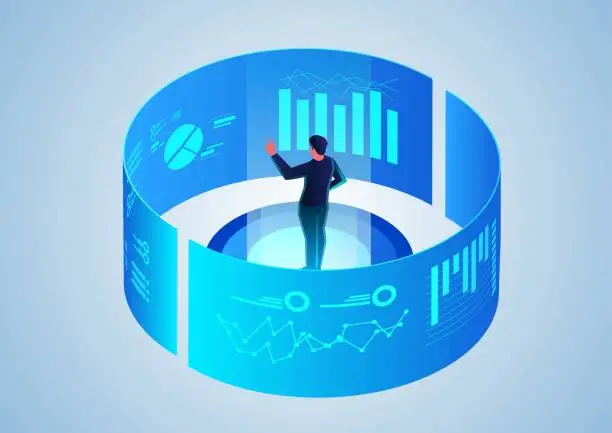 Vector illustration of Businessman standing inside visual data chart to view and analyze various project data