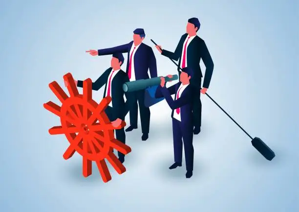 Vector illustration of Business teamwork and marketing strategy, business leaders take the helm, a businessman guides a businessman to paddle a businessman holds a telescope and looks into the distance