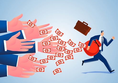 Investment risk, expense and cost concept, hand asking for banknotes from businessman, businessman running with money bag, banknotes falling from money bag hole