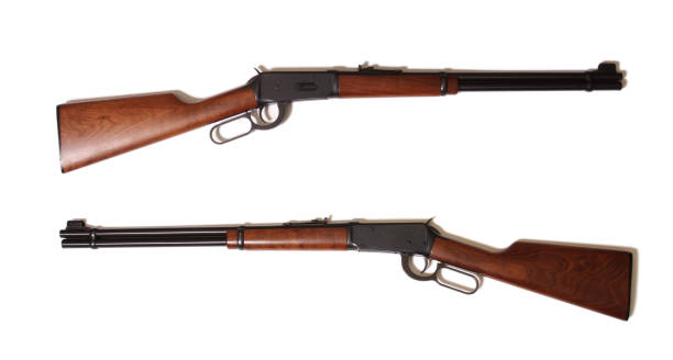 Vintage 30-30 Lever Action Rifle Isolated on White Background Both Sides stock photo