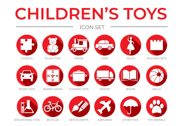 Flat Red Children's Toys Icon Set with Puzzle, Plush, Train and Car, Board Game, Dolls, Arts and Crafts, Buiding Sets, Cooking, Ship, Truck, Book, Balls, Educational, Tractor, Bicycle, Plane, Animals, Other and Group Game Isolated Icons Flat Red Children's Toys Icon Set with Puzzle, Plush, Train and Car, Board Game, Dolls, Arts and Crafts, Building Sets, Cooking, Ship, Truck, Book, Balls, Educational, Tractor, Bicycle, Plane, Animals, Other and Group Game Isolated Icons ursus tractor stock illustrations