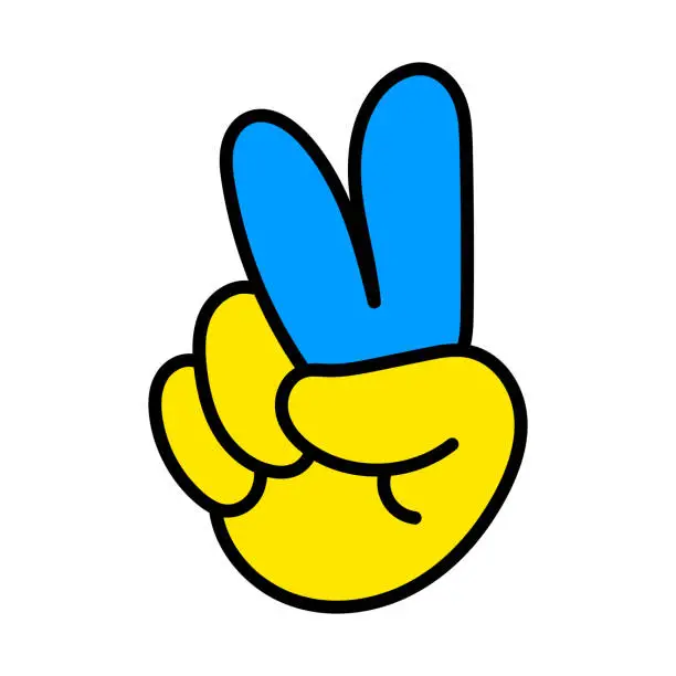 Vector illustration of Ukrainian hand gesture V sign for victory or peace. Hand drawing Ukraine icon illustration isolated on white background. Vector EPS 10.