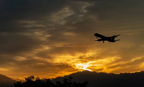 istock Landing airplane above mountains range at dawn 1390399803