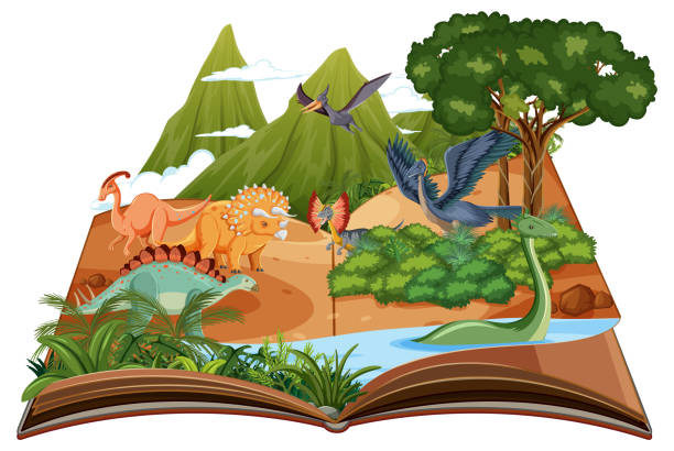 istock Pop up book with outdoor nature scene and dinosaur 1390400500