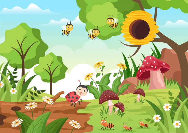 Beautiful Garden Cartoon Background Illustration With Scenery Nature of Plants, Various Animals, Flowers, Tree and Green Grass in Flat Design Style Beautiful Garden Cartoon Background Illustration With Scenery Nature of Plants, Various Animals, Flowers, Tree and Green Grass in Flat Design Style beehive stock illustrations