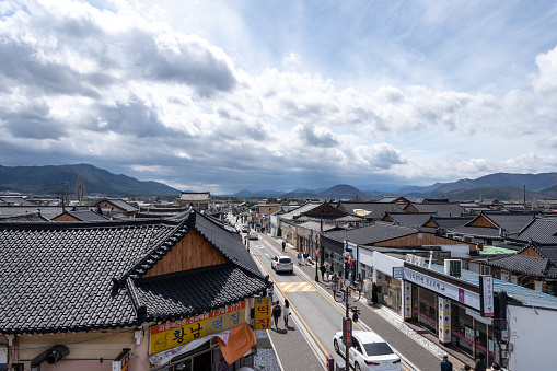 Famous hwangridan street viewed from above with various shops and restaurants taken in Gyeongju, South Korea on March 26th 2022.