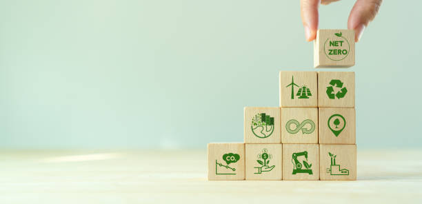 istock Net zero and carbon neutral concept. Net zero greenhouse gas emissions target. Climate neutral long term strategy.  Stacking wooden cubes with green net zero and save world icon on grey backgroud. 1390406721