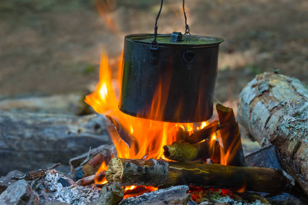 istock closeup cauldron on camp fire, camping cooking scene 1390410477