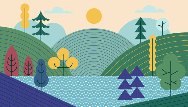 vector landscape, sunrise scene in nature with mountains and forest, silhouettes of trees. hiking tourism. adventure. minimalist graphic flyers. polygonal flat design for coupon, voucher, gift card. - göl illüstrasyonlar stock illustrations