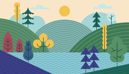 Vector landscape, sunrise scene in nature with mountains and forest, silhouettes of trees. Hiking tourism. Adventure. Minimalist graphic flyers. Polygonal flat design for coupon, voucher, gift card.