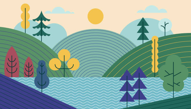 Vector landscape, sunrise scene in nature with mountains and forest, silhouettes of trees. Hiking tourism. Adventure. Minimalist graphic flyers. Polygonal flat design for coupon, voucher, gift card. Vector landscape, sunrise scene in nature with mountains and forest, silhouettes of trees. Hiking tourism. Adventure. Minimalist graphic flyers. Polygonal flat design for coupon, voucher, gift card. landscape stock illustrations