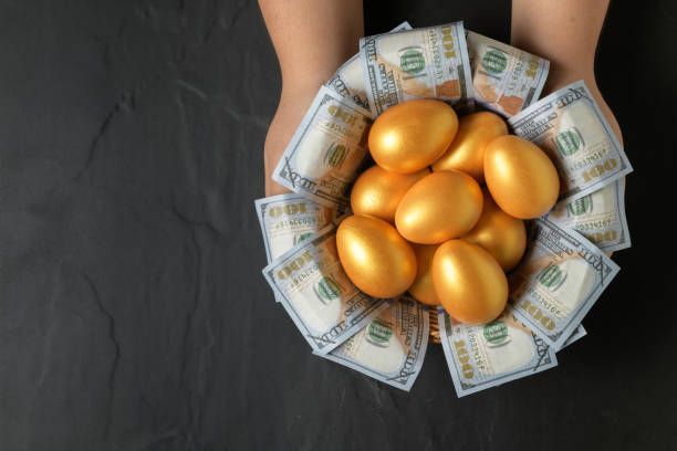 istock Hand man hold golden eggs and dollars in a basket on black background 1390414074