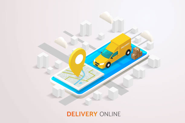 istock Delivery trucks and delivery boxes on mobile phone screen on map background and road. 1390417449