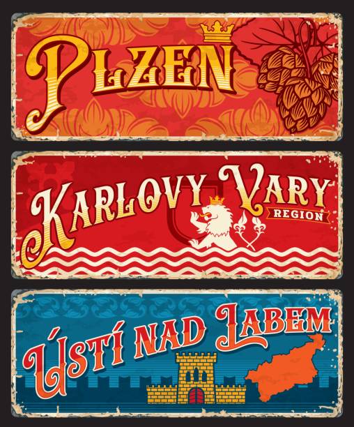 Pilsen, Karlovy Vary, Usti nad Labem czech regions Plzen, Karlovy Vary, Usti nad Labem czech regions stickers and plates. Vector vintage travel destination banners with hop, heraldic lion, coat of arms shield, crown, and castle. Touristic grunge signs czech lion stock illustrations