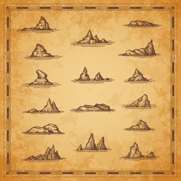 Rocks, outliers, reefs and shallows, map elements Rocks, outliers, reefs and shallows sketch, ancient map elements, vector. Ocean island stones and sea landscape rocks with coast shore cliffs and mountains in water waves, sketch engravings pirate map stock illustrations