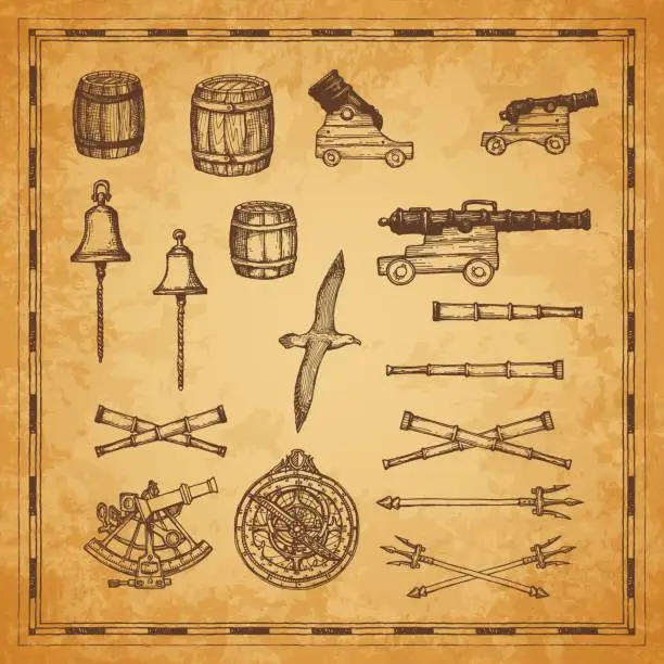 Vector illustration of Ancient map cannons and equipment vector sketch