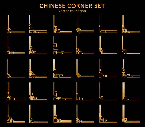 chinesische goldene rahmenecken, asiatische verzierungen - golden bamboo stock-grafiken, -clipart, -cartoons und -symbole