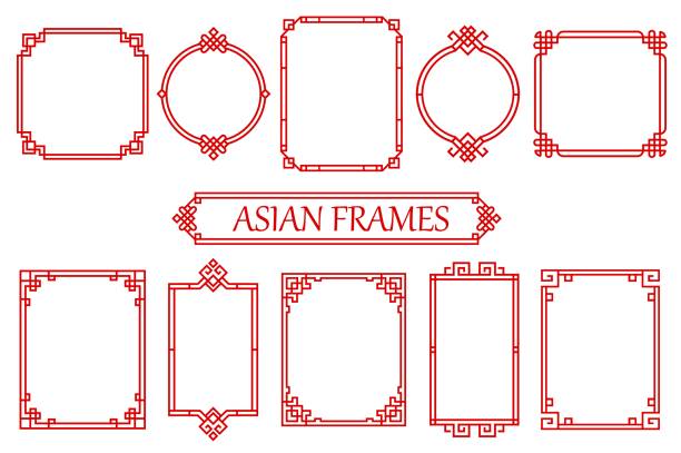 Red Asian Chinese, Japanese, Korean frames borders Red Asian Chinese, Japanese and Korean frames or borders with knots, vector. Chinese pattern ornaments and oriental corners, red knot decorations and line elements for borders and frames tracery stock illustrations