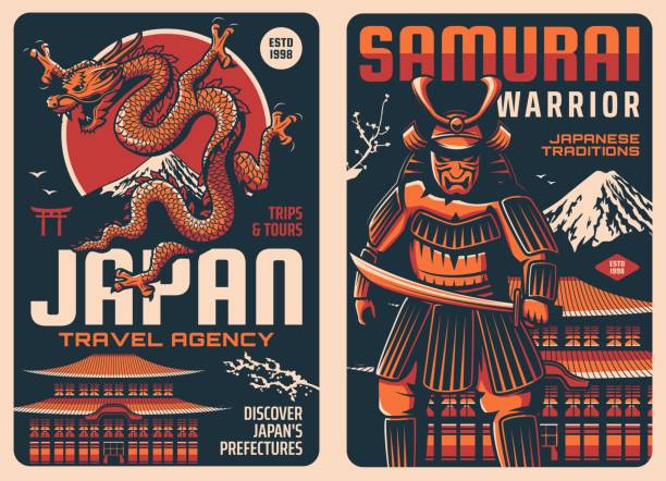Japan retro travel posters with Japanese landmarks Japan retro travel posters with Japanese landmarks, culture and traditions,. Tours to Fuji mount and Torii gate, Buddhism pagoda with sakura, samurai warrior and dragon samurai stock illustrations