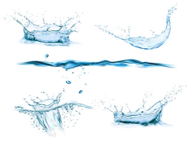 Water crown splash and wave swirl and drops Water crown splash and wave swirl and drops. Vector liquid splashing aqua dynamic motion, blue water flow with spray droplets side view isolated on white background, realistic 3d pure water splashes hyperrealism stock illustrations
