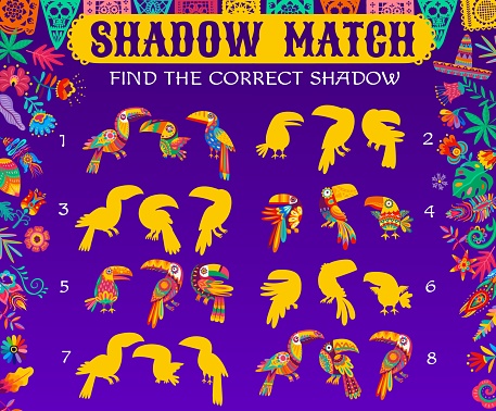 Mexican toucan silhouettes, shadow match kids game worksheet with tropical alebrije birds. Vector logical riddle, children rebus, preschool or kindergarten educational task with mexican theme