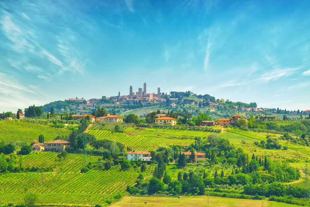 italian landscape with san gimignano in the background - san gimignano imagens e fotografias de stock