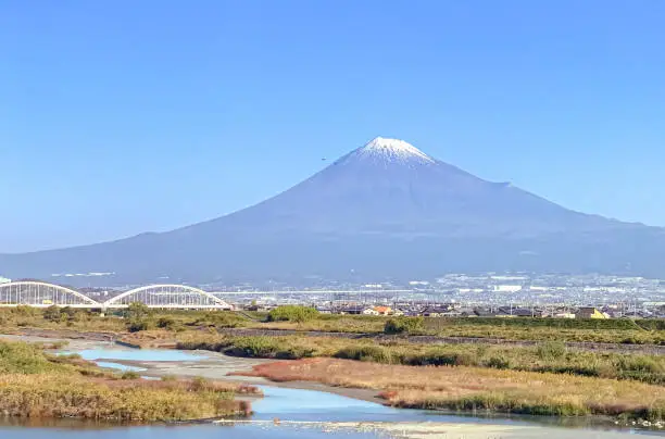 Mt. Fuji, Fuji river, and aqueduct viewed from Tokaido Shinkansen in Fuji city, Shizuoka, Japan