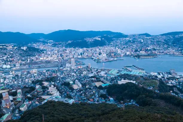 View of Nagasaki city skyline from Mount Inasa in Japan.