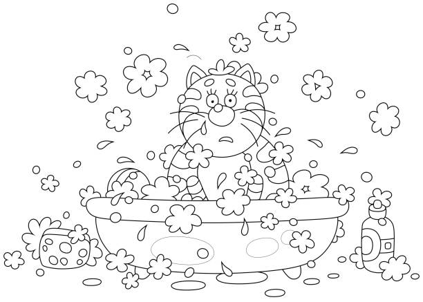 Funny sad cat relaxing in a bubble bath Thoughtful and confused fat pet washing in a bathtub and splashing with shampoo foam, black and white outline vector cartoon illustration for a coloring book page water thinking bubble drop stock illustrations