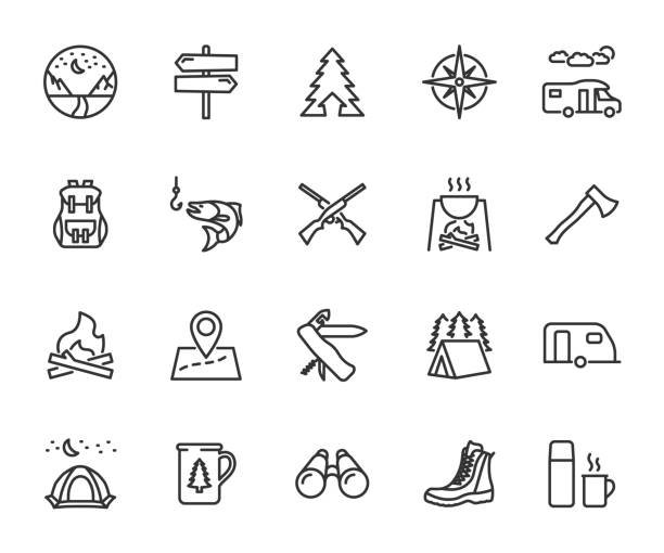 ilustrações de stock, clip art, desenhos animados e ícones de vector set of camping line icons. contains icons campfire, fishing, hunting, tent, compass, backpack, map, pocket knife and more. pixel perfect. - directional sign wood sign footpath