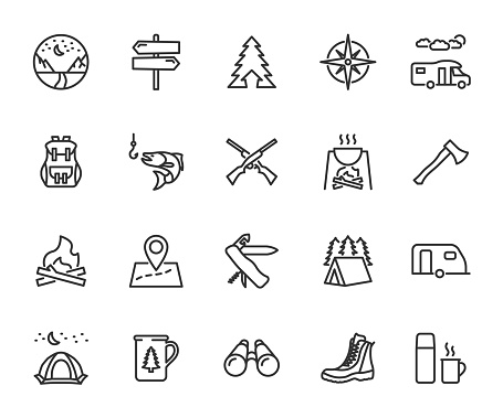 Vector set of camping line icons. Contains icons campfire, fishing, hunting, tent, compass, backpack, map, pocket knife and more. Pixel perfect.