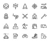 istock Vector set of camping line icons. Contains icons campfire, fishing, hunting, tent, compass, backpack, map, pocket knife and more. Pixel perfect. 1390428519