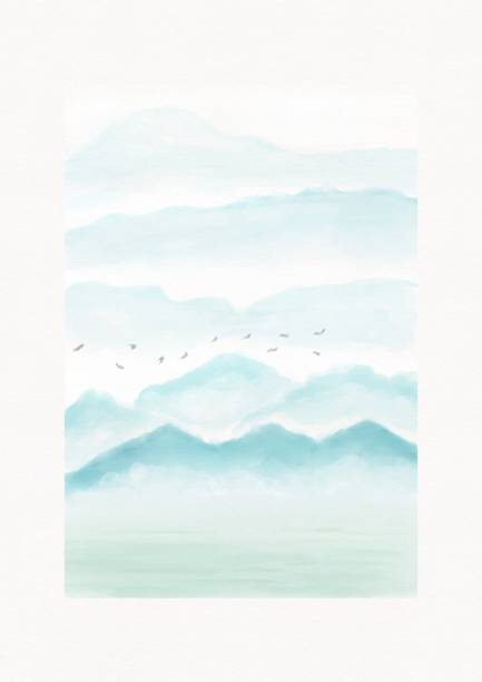 istock Mountains and clouds, watercolor landscape with aerial perspective 1390432108