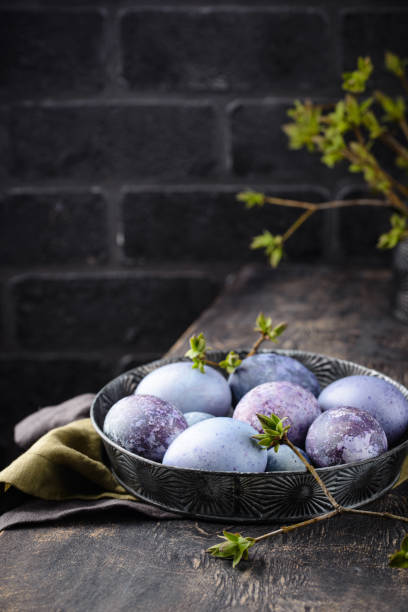 istock Festive Easter eggs in purple and blue color 1390433114