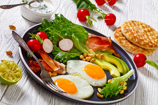 fried eggs, fresh crispy lettuce, avocado slices, red radishes, roasted peanuts and prosciutto ham on plate on white wooden table with ingredients on background, horizontal view from above